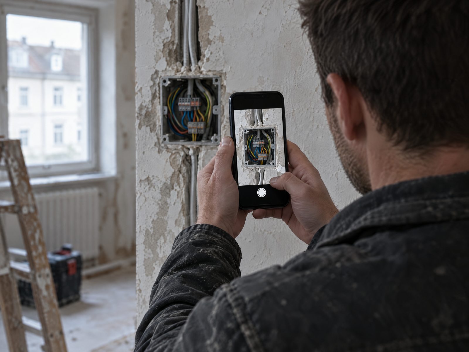Elektriker fotografiert auf der Baustelle eine Verteilerdose mit dem Handy, um sie direkt am Auftrag zu dokumentieren