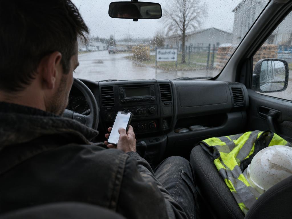Handwerker sitzt im Transporter und trägt Stunden und Aufträge am Handy ein
